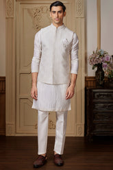 Ivory White Silk Sequin Embroidered Kurta Pajama with Jacket